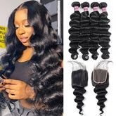 10A Brazilian Loose Deep Virgin Human Hair 4 Bundles With 4*4 Lace Closure